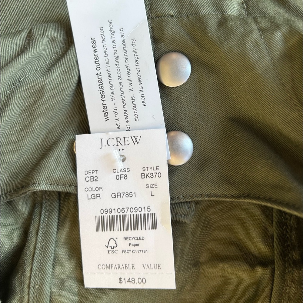 J. Crew Resin Coated Cotton Twill Hooded Women’s Jacket Loden Green Large NWT - Picture 13 of 16